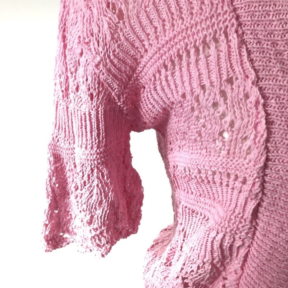 Bina Open Front Crochet Cardigan Sweater Pink 3/4 Sleeves - Picture 2 of 7